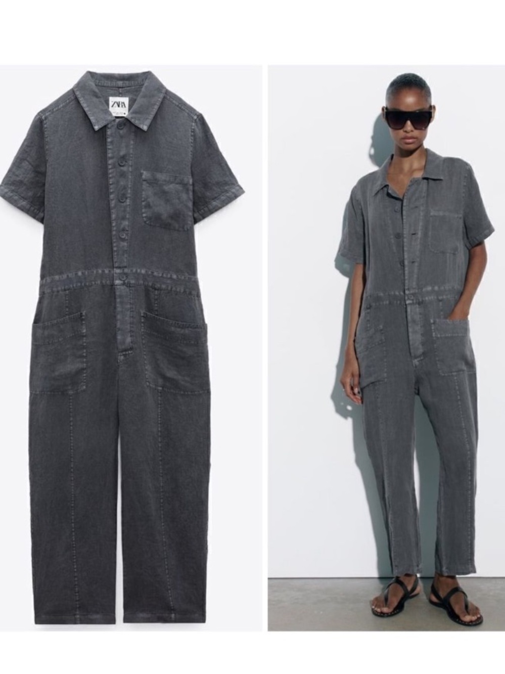 Zara 100% Linen Short-Sleeve Gray Utility Jumpsuit